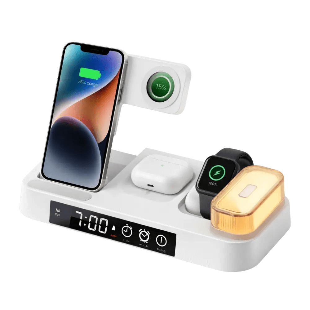 4-in-1 Wireless Charging Station mit Uhr & LED – Kabelloses Laden für iPhone, Apple Watch & AirPods.