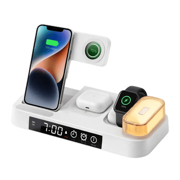 4-in-1 Wireless Charging Station mit Uhr & LED – Kabelloses Laden für iPhone, Apple Watch & AirPods.