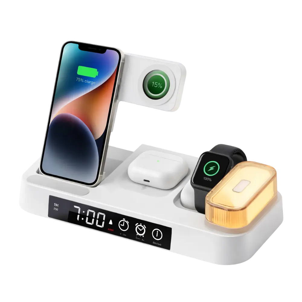 4-in-1 Wireless Charging Station mit Uhr & LED – Kabelloses Laden für iPhone, Apple Watch & AirPods TechXpress