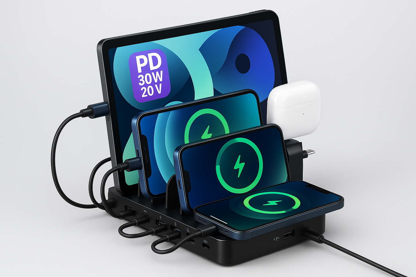 Ladestation für Handy, Tablet & Smartwatch – 6 in 1 Schnellladegerät mit Wireless Charging & Power Delivery 30 W