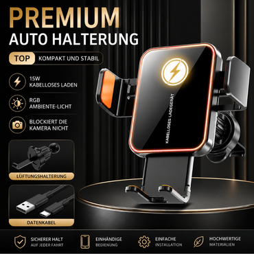 Premium kabellose Auto-Handyhalterung mit 15W Schnellladefunktion, RGB-Ambiente-Licht, sicherem Halt und Lüftungshalterung für Smartphones.