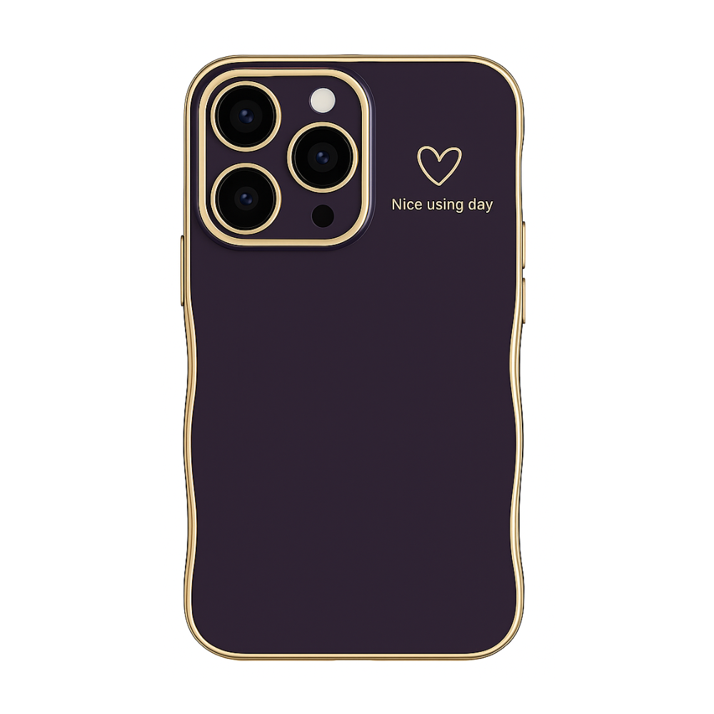 iPhone 14 Pro Max Hülle – Elegantes Wellen-Design in Violett mit Goldrahmen